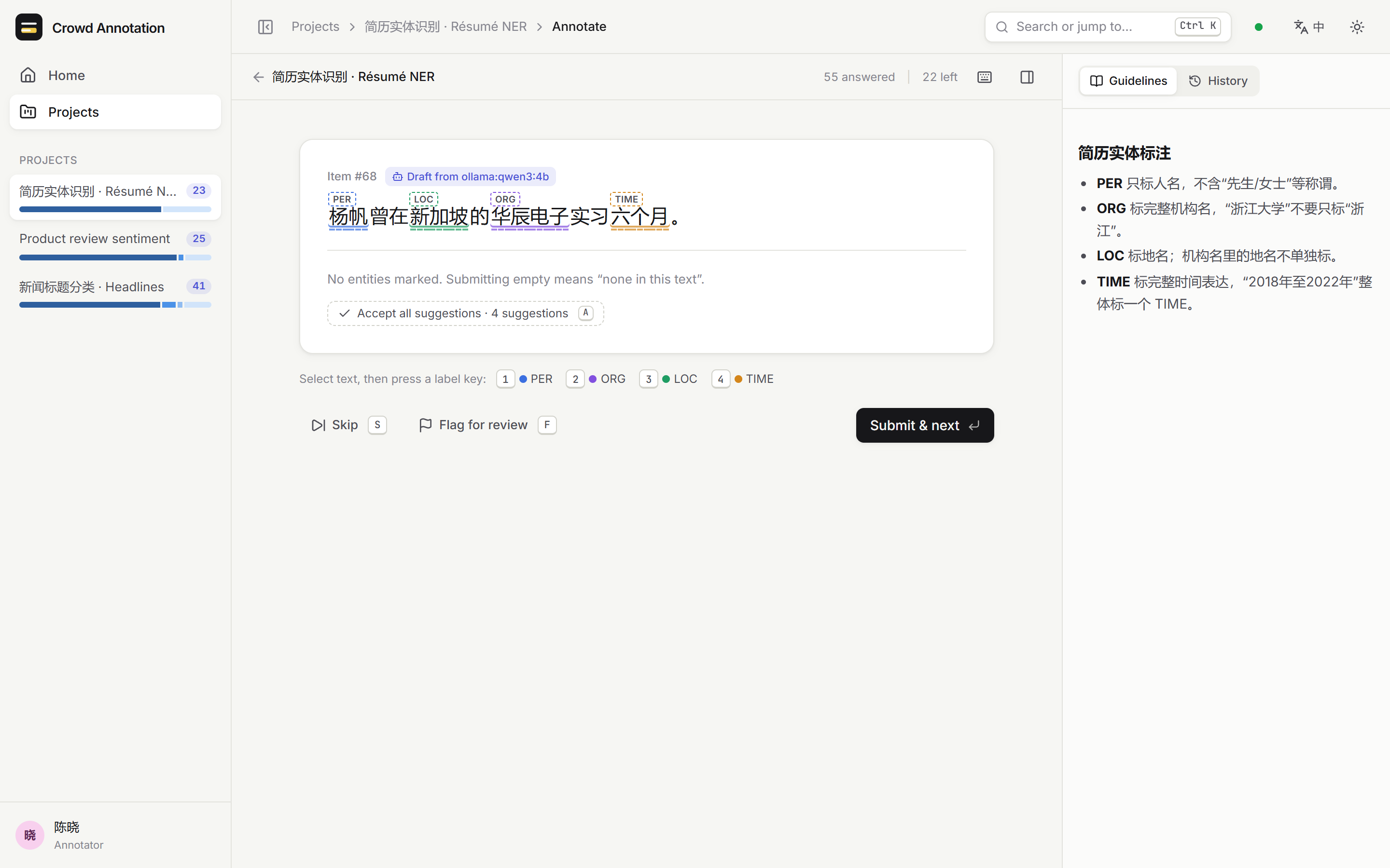 NER annotation with the model's suggested entities.