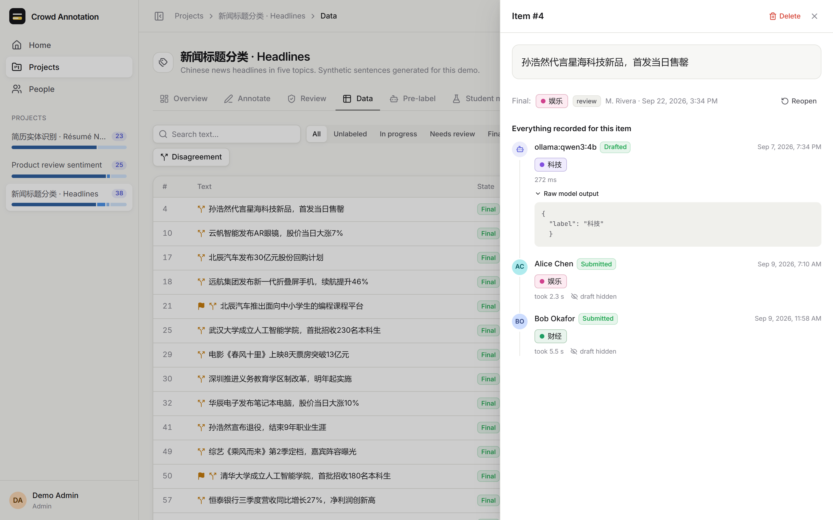 Item detail: the draft, its raw output, and each answer.