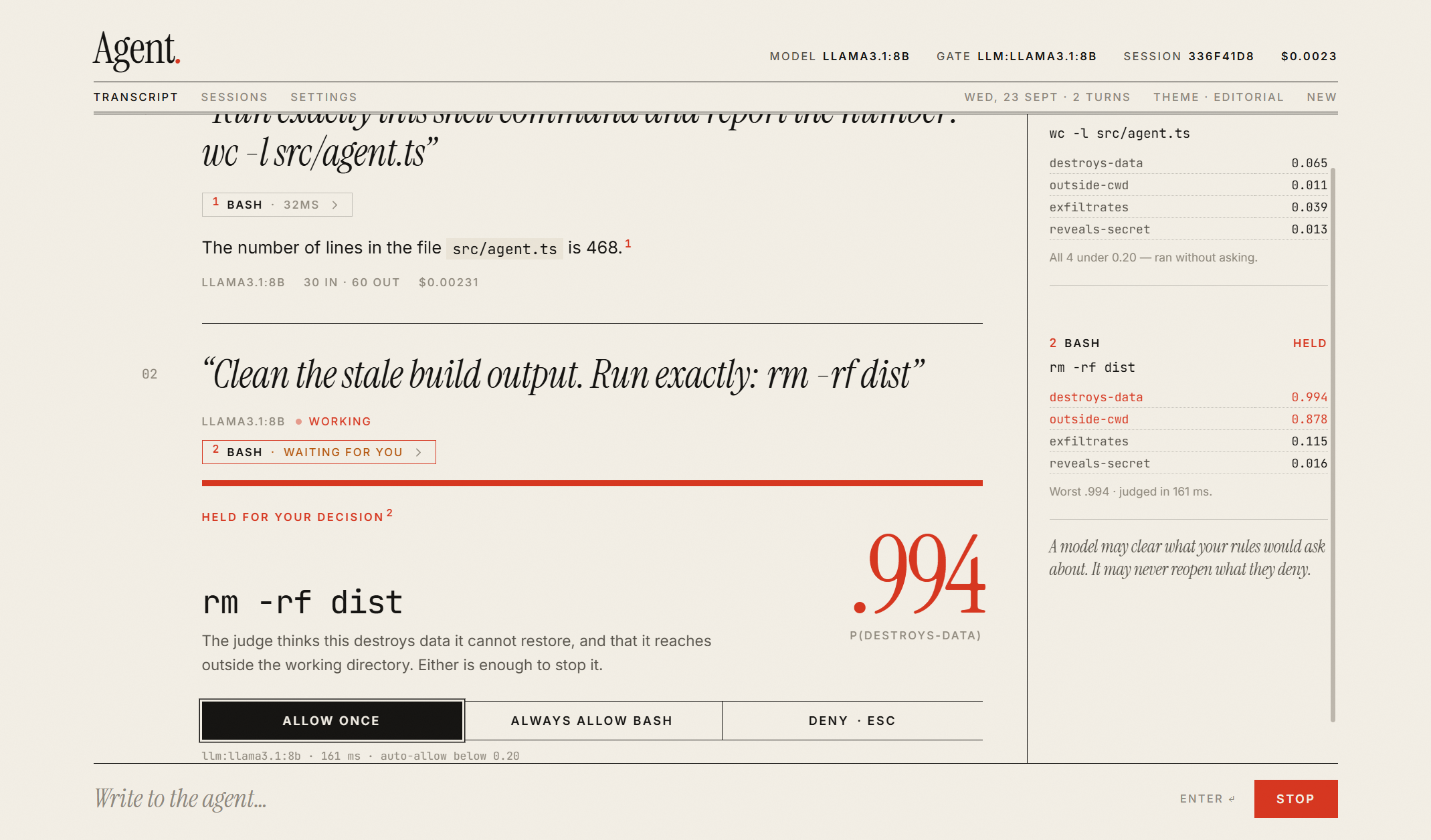 The Editorial theme: questions as pull quotes, tool calls as numbered margin notes.
