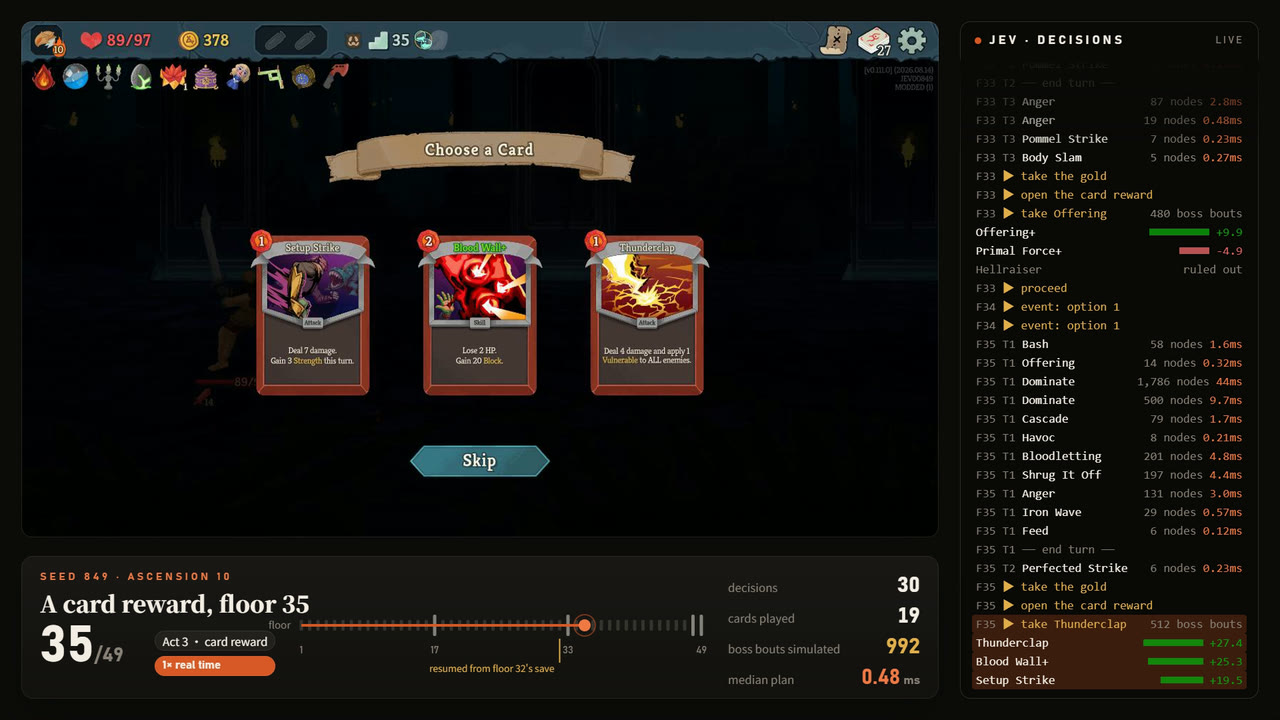 A card reward on seed 849's floor 35: each offer played out against act 3's boss, Thunderclap +27.4, Blood Wall+ +25.3, Setup Strike +19.5, and Thunderclap taken.