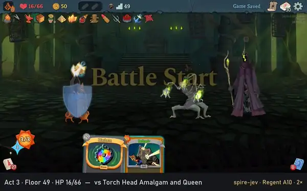 Seed 3019, floor 49: the Regent against Torch Head Amalgam and the Queen.